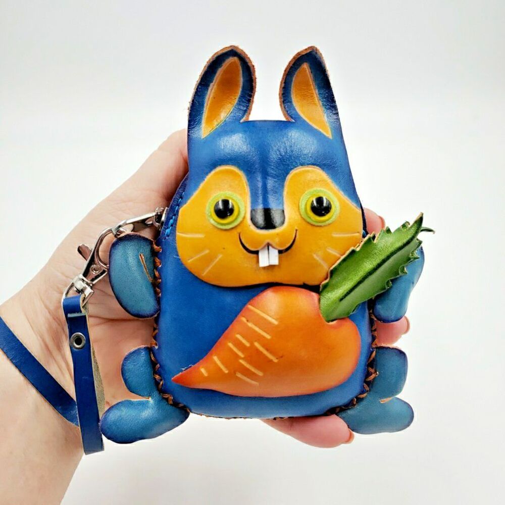 Cute Blue Bunny Coin Purse Handmade Leather Rabbit Wallet Kawaii Zip Pouch Small
